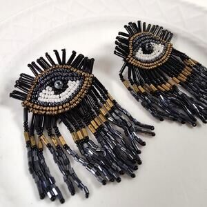Artsy Evil Eye Beaded Fringe Earrings Art Deco Boho Statement Dangle